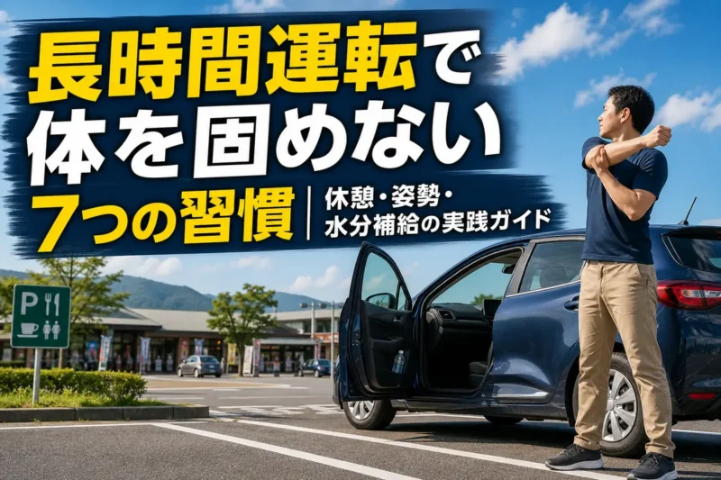 休憩所に車を停めて肩と脚をほぐすドライバー。