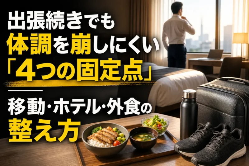 出張先のホテルで朝の支度と健康習慣を整える様子。