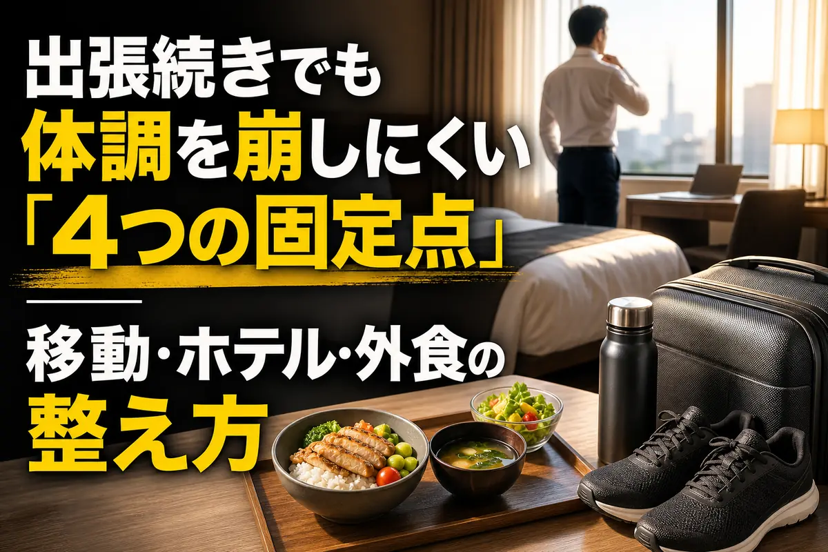 出張先のホテルで朝の支度と健康習慣を整える様子。