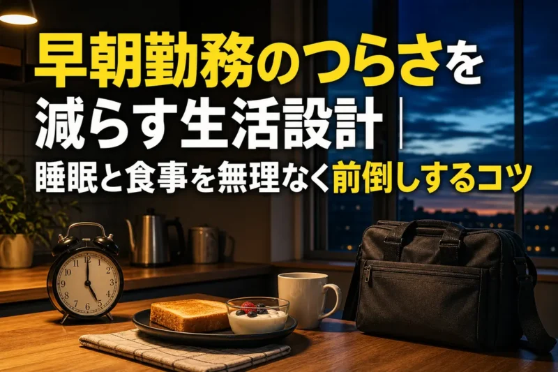 夜明け前のキッチンに朝食と仕事の持ち物が準備されている様子。