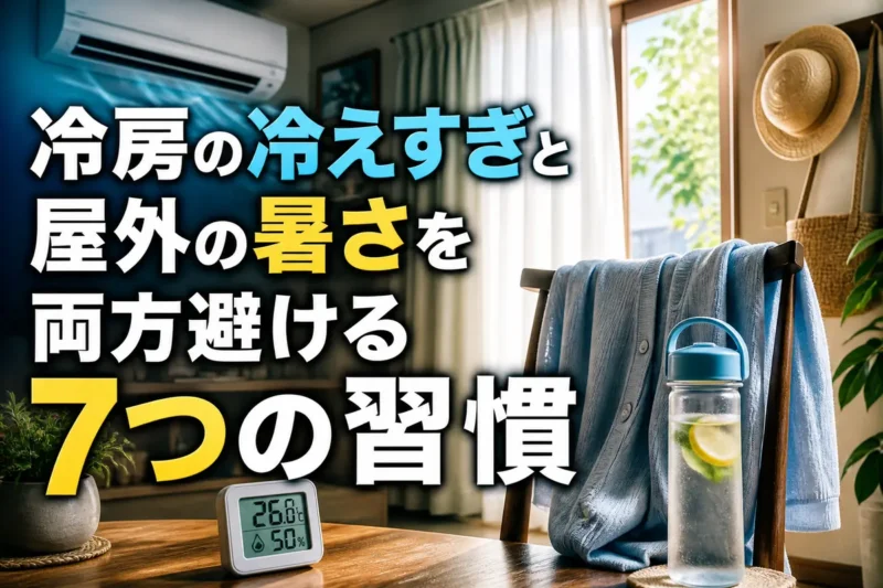 室温計や羽織り物、水分を用意した夏の涼しい室内。
