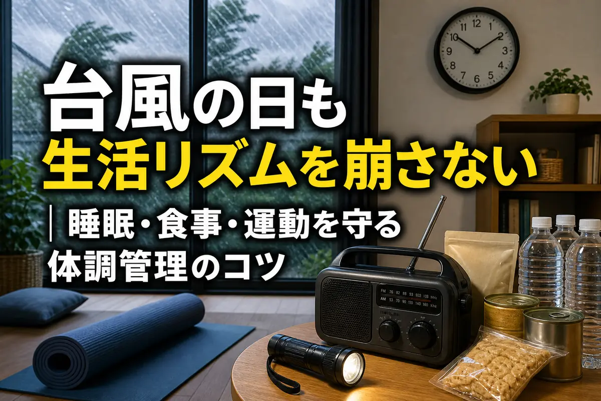 台風の日に備えた水や食品と、室内で生活リズムを整えるための道具。