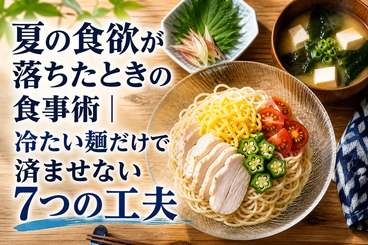 具だくさんの冷たい麺と温かいみそ汁を組み合わせた夏の食卓。