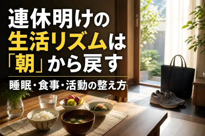 朝日が差す部屋に朝食と外出の準備が整えられている様子。