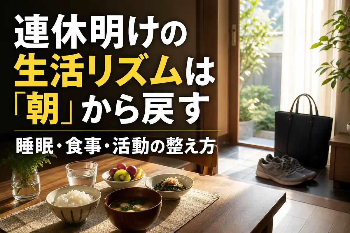 朝日が差す部屋に朝食と外出の準備が整えられている様子。