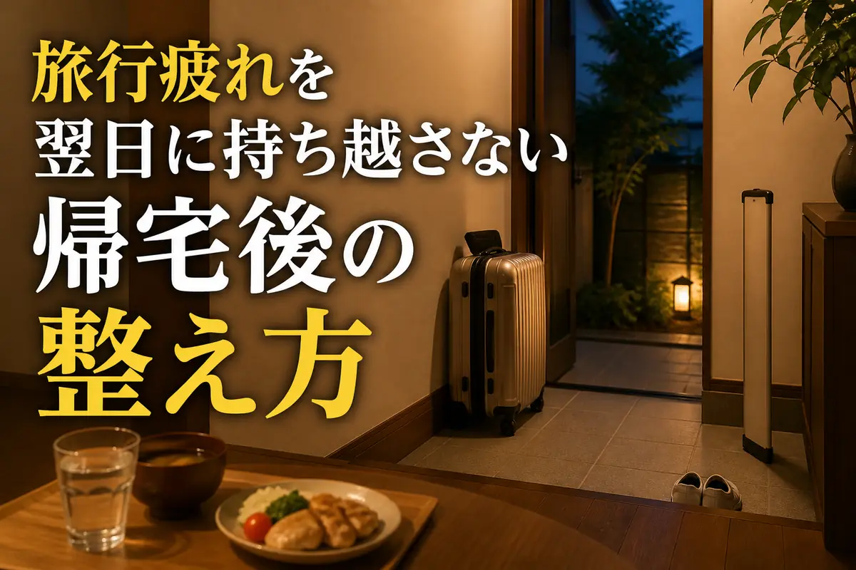 旅行から帰宅した夜に、水分と軽い食事を用意して休む場面。