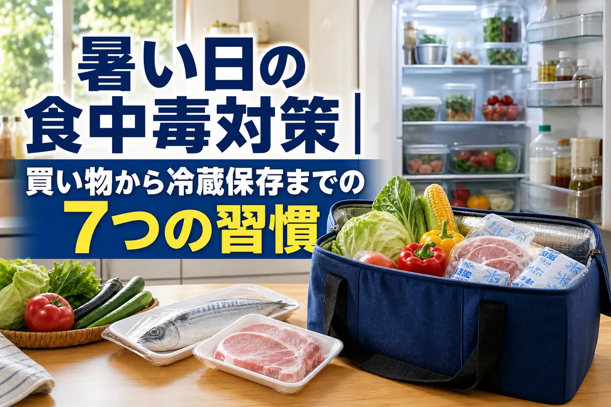 保冷バッグと整理された冷蔵庫で食品を安全に保存する夏の台所。