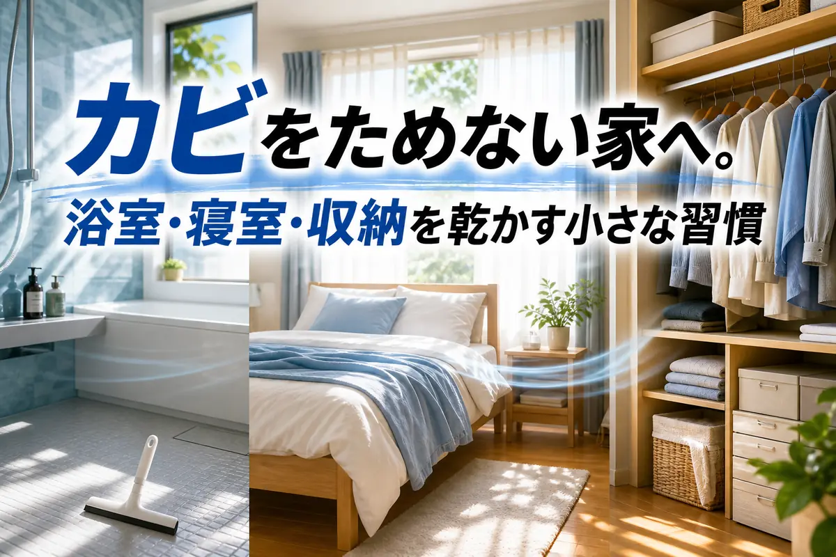 乾いた浴室、風通しのよい寝室、余白のある収納をまとめた室内風景。