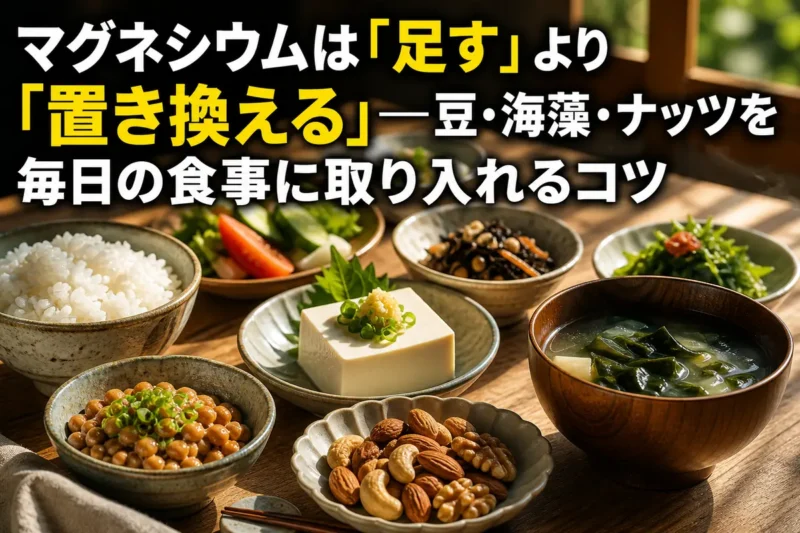 豆腐や海藻、ナッツを並べたバランスのよい食卓。
