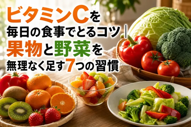 果物と色鮮やかな野菜を並べた明るい食卓。