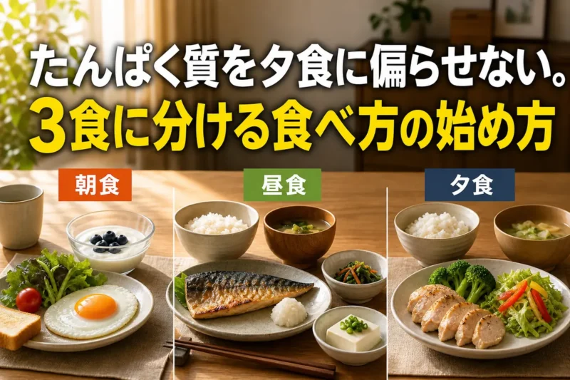 たんぱく源を朝昼晩に分けた3食の食卓。