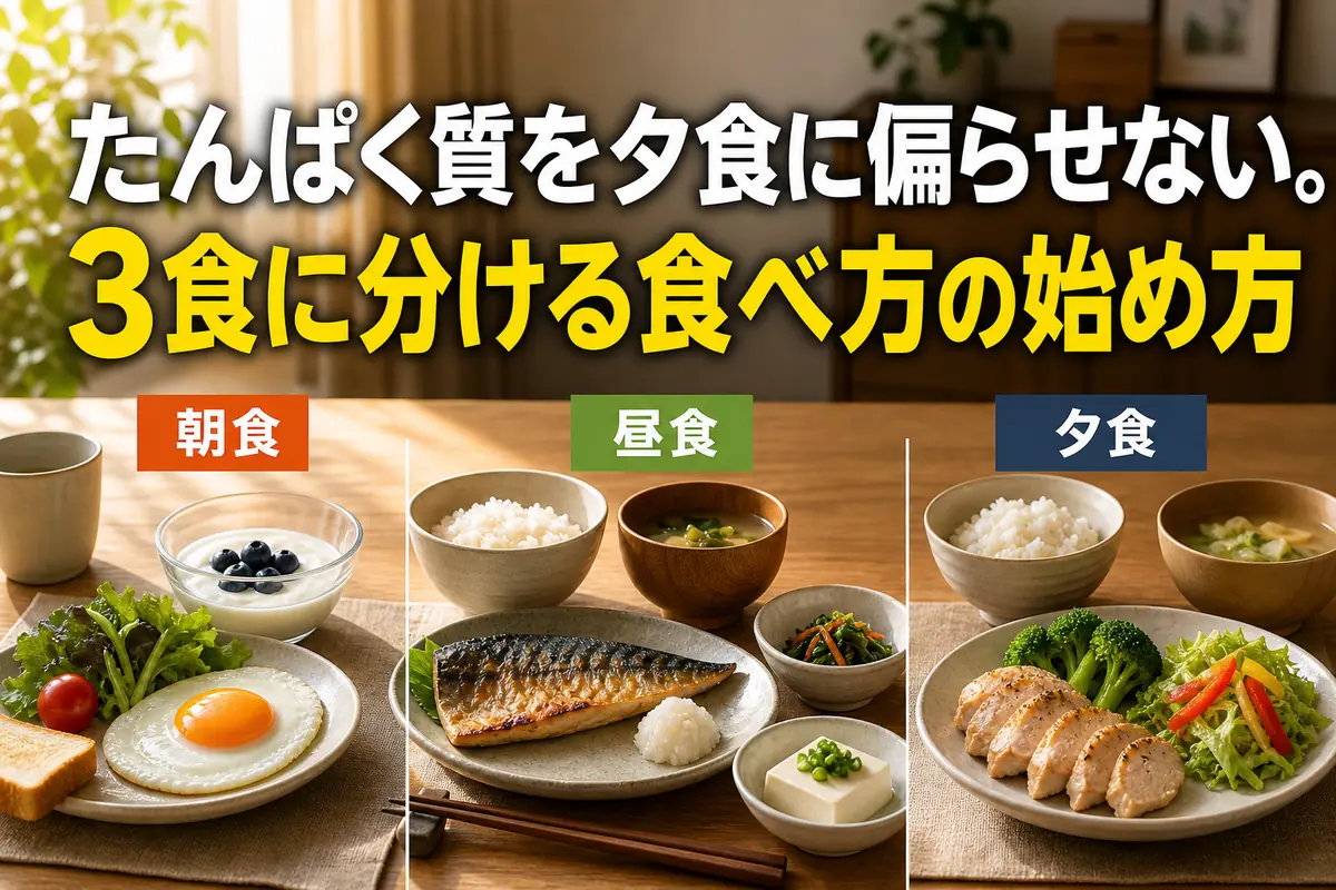 たんぱく源を朝昼晩に分けた3食の食卓。