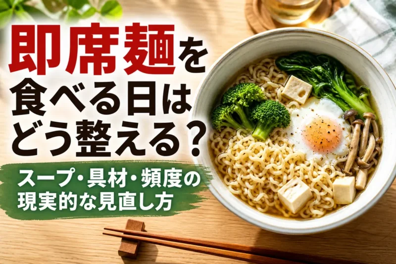 野菜や卵、豆腐を加え、スープを残した即席麺の食卓。