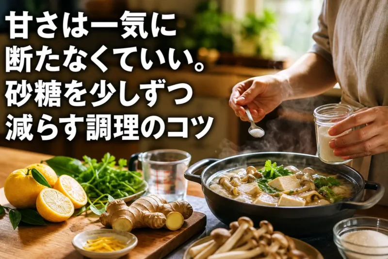 家庭の台所で砂糖を計量しながら料理する様子。