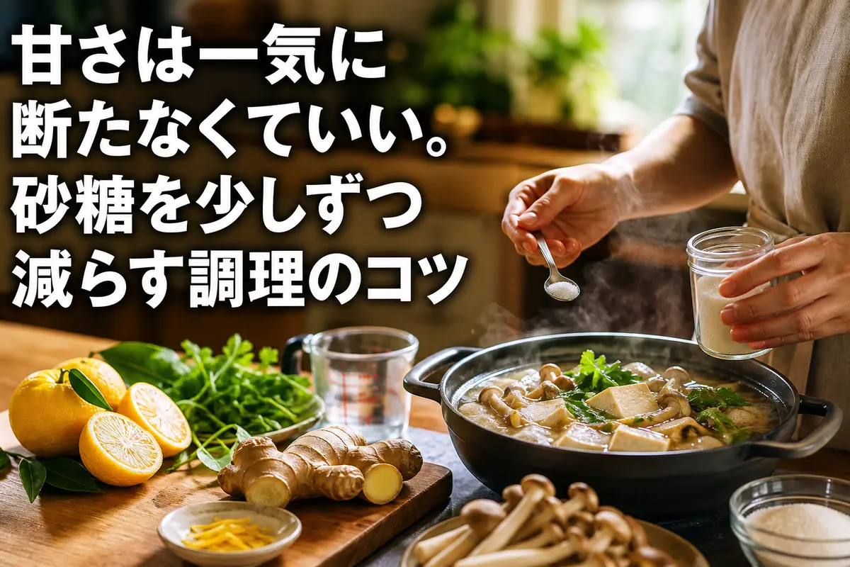 家庭の台所で砂糖を計量しながら料理する様子。