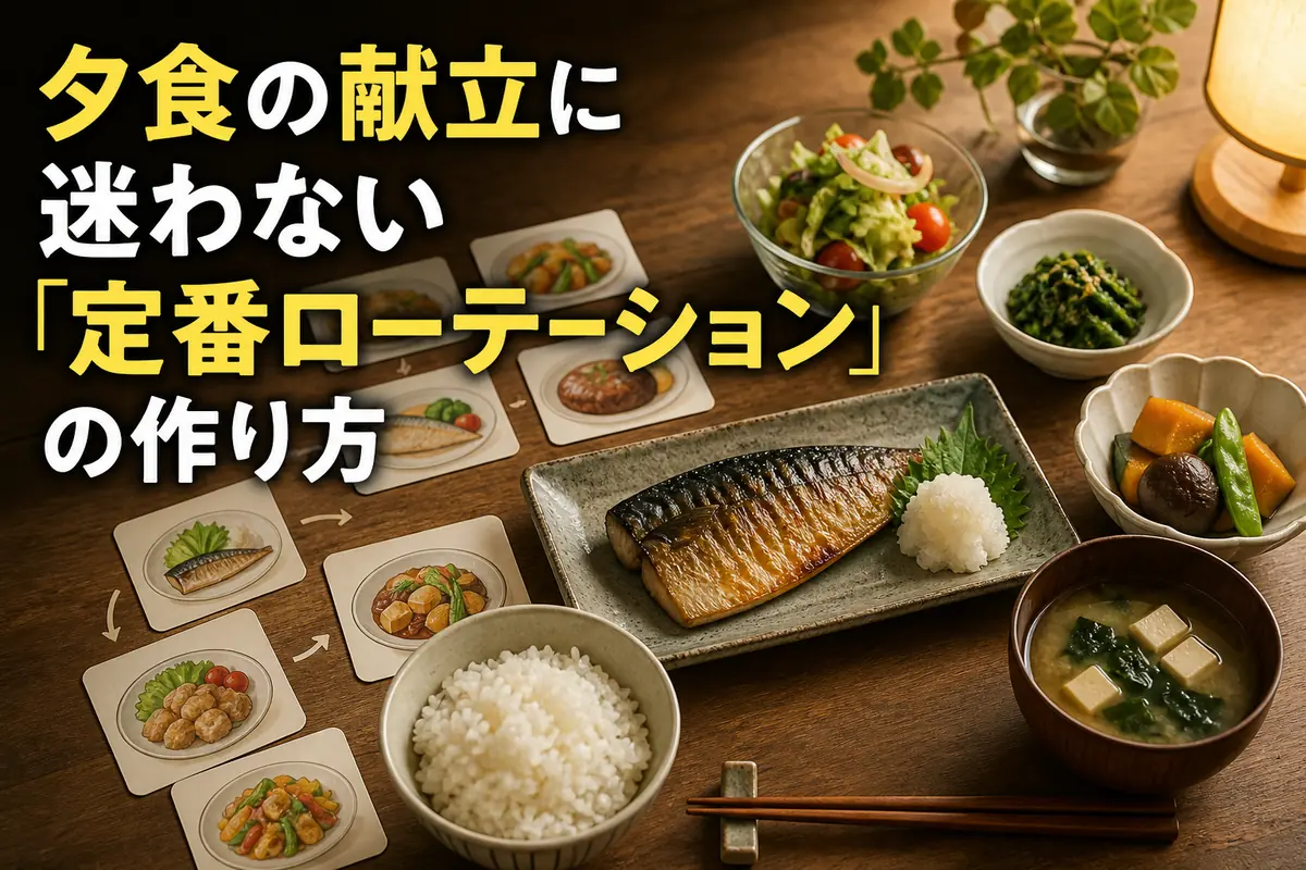 主食・主菜・副菜をそろえた夕食と週間ローテーションのイメージ。