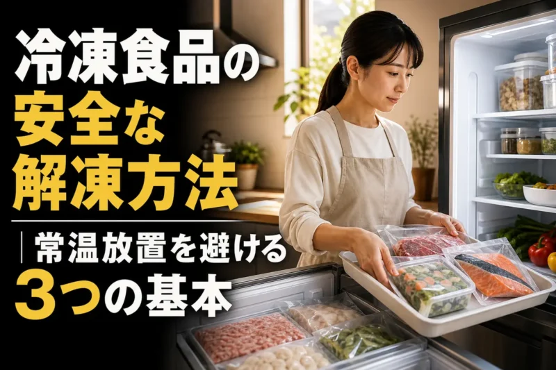 冷凍食品を受け皿に載せて冷蔵庫へ移す安全な解凍準備。