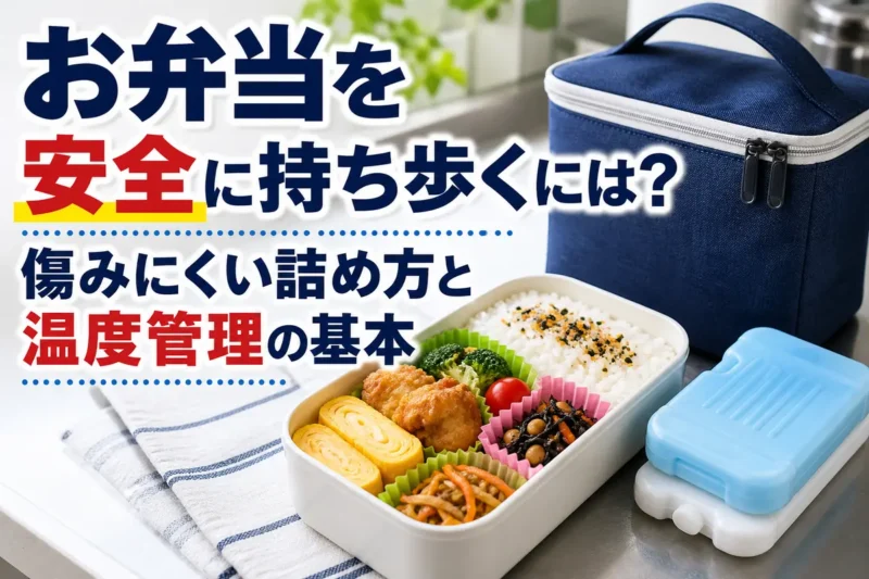 保冷バッグと保冷剤を添えた、清潔に詰められた手作り弁当。