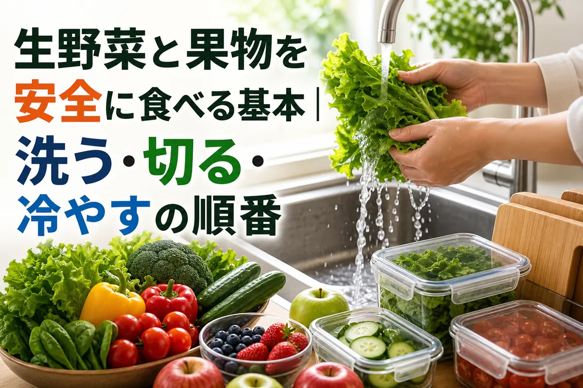 清潔な台所で生野菜と果物を流水洗浄している様子。