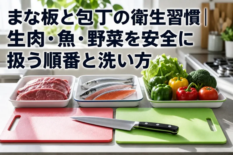 清潔な台所で野菜、生肉、魚介類を分けて扱うまな板と包丁。
