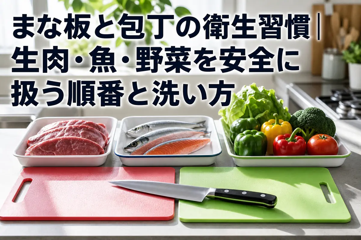 清潔な台所で野菜、生肉、魚介類を分けて扱うまな板と包丁。