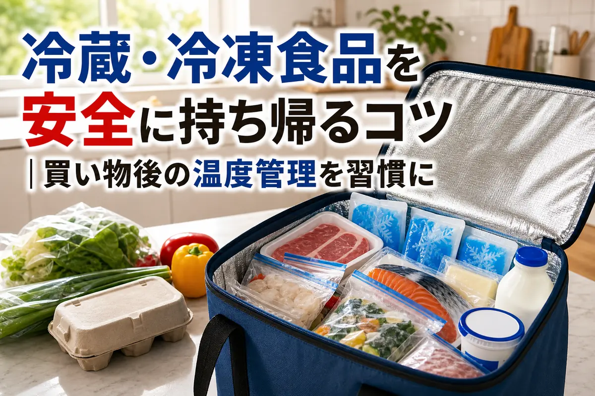 保冷バッグと保冷剤を使って冷蔵・冷凍食品を持ち帰る準備をした様子。