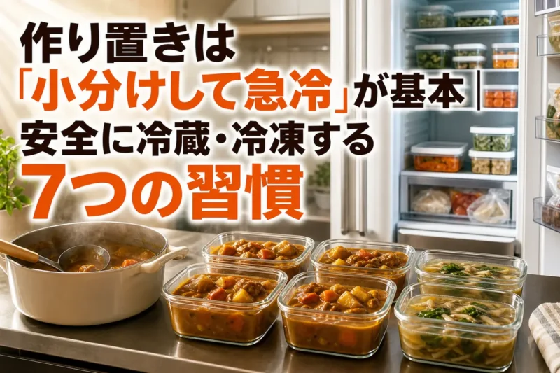 作りたての料理を浅い保存容器へ小分けする様子。