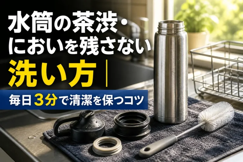 分解した水筒と洗浄用ブラシを清潔なキッチンに並べた様子。