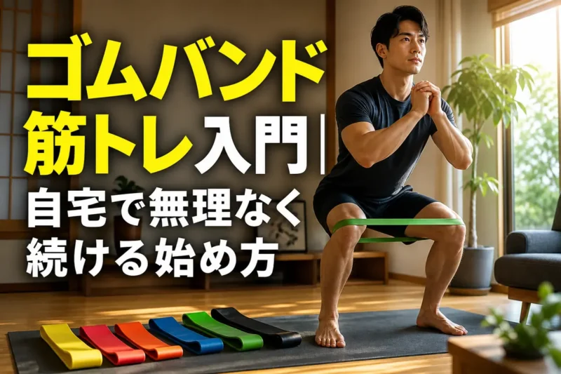明るい室内でゴムバンド筋トレに取り組む初心者。