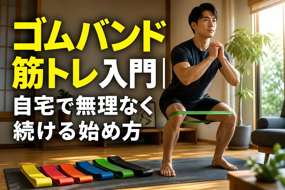明るい室内でゴムバンド筋トレに取り組む初心者。