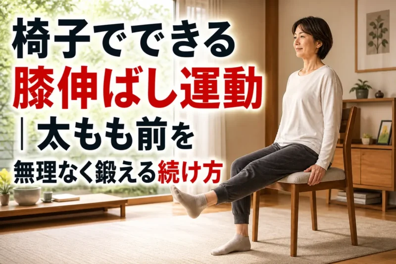 安定した椅子に座り、片脚ずつ膝伸ばし運動をする様子。