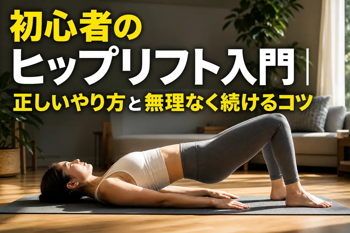 明るい室内でマットに仰向けになりヒップリフトを行う初心者。