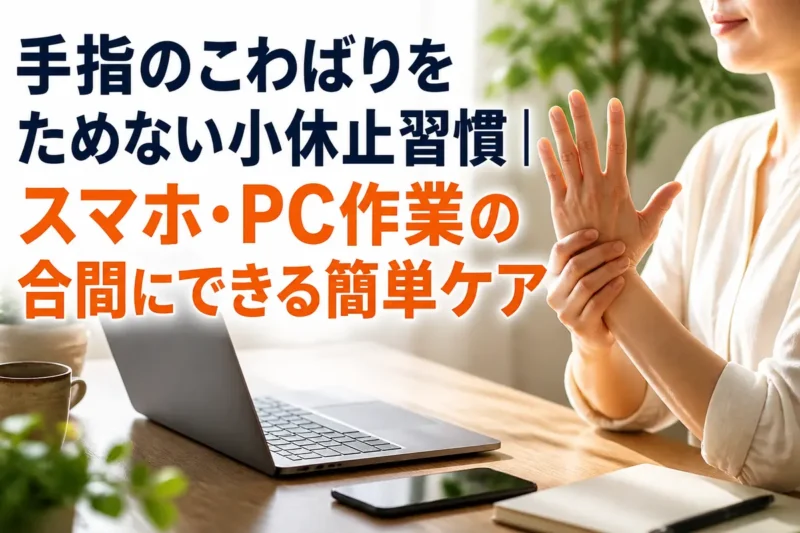 ノートパソコンの横で手指を休ませるデスクワーカー。