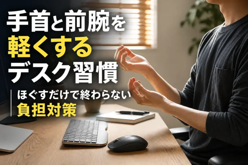 デスク作業の合間に手首と前腕を休ませる様子。