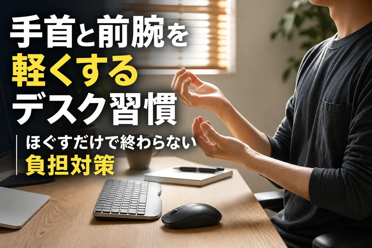 デスク作業の合間に手首と前腕を休ませる様子。