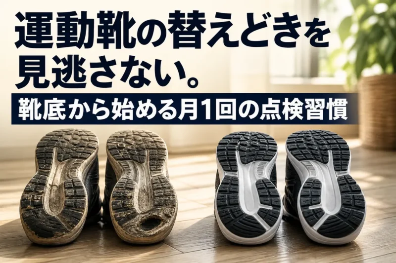 運動靴の靴底を並べて摩耗状態を点検している様子。