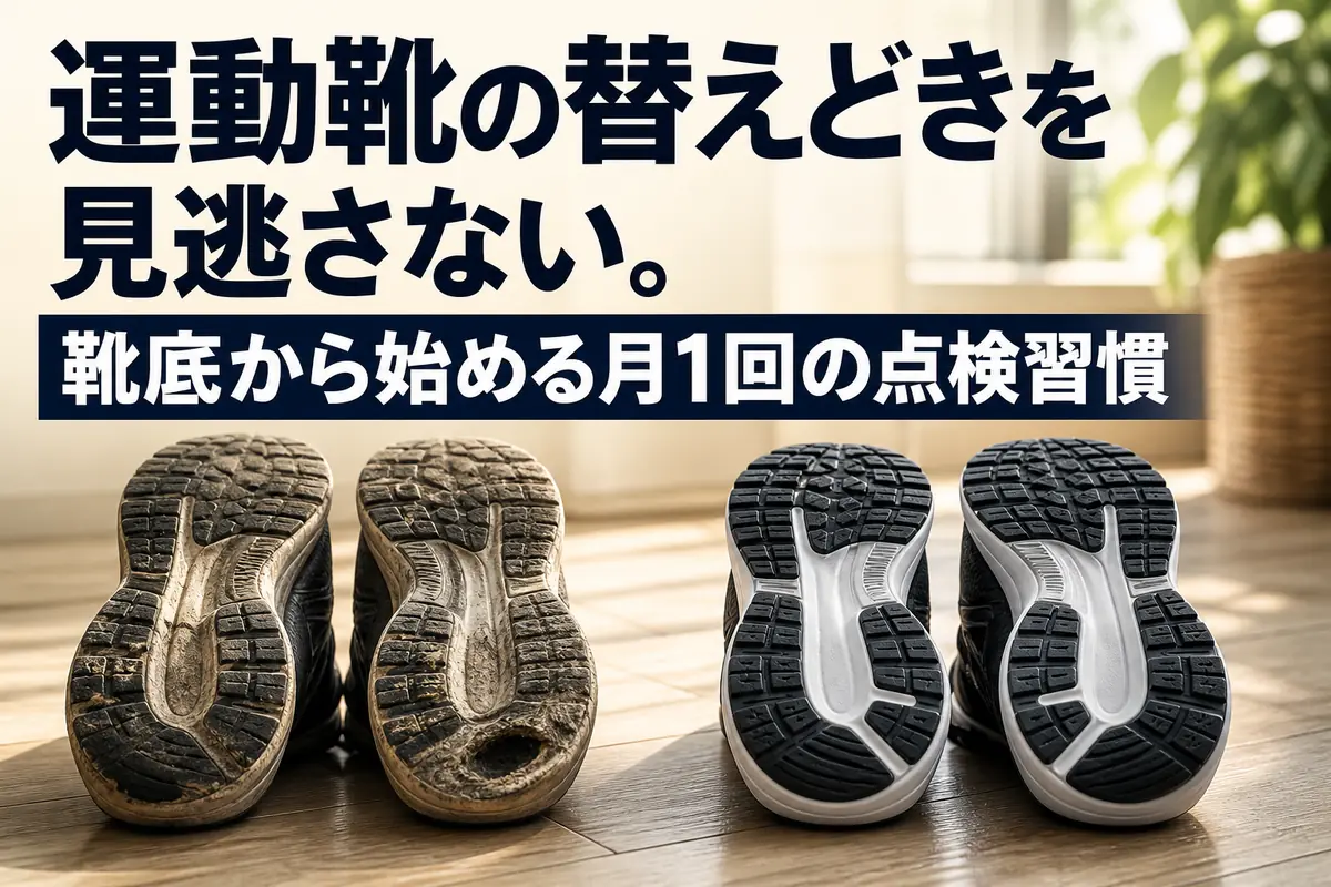 運動靴の靴底を並べて摩耗状態を点検している様子。