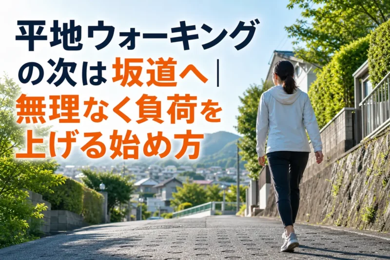 緑のある緩やかな坂道を無理のないペースで歩く人。