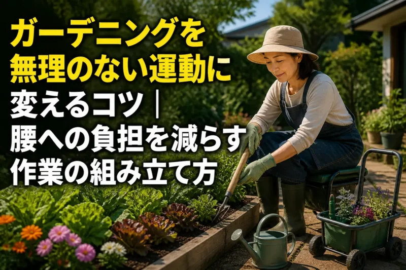 腰に負担をかけにくい姿勢で庭仕事をする人。