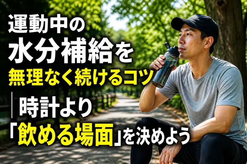 公園で運動の合間にボトルから水分補給する人。