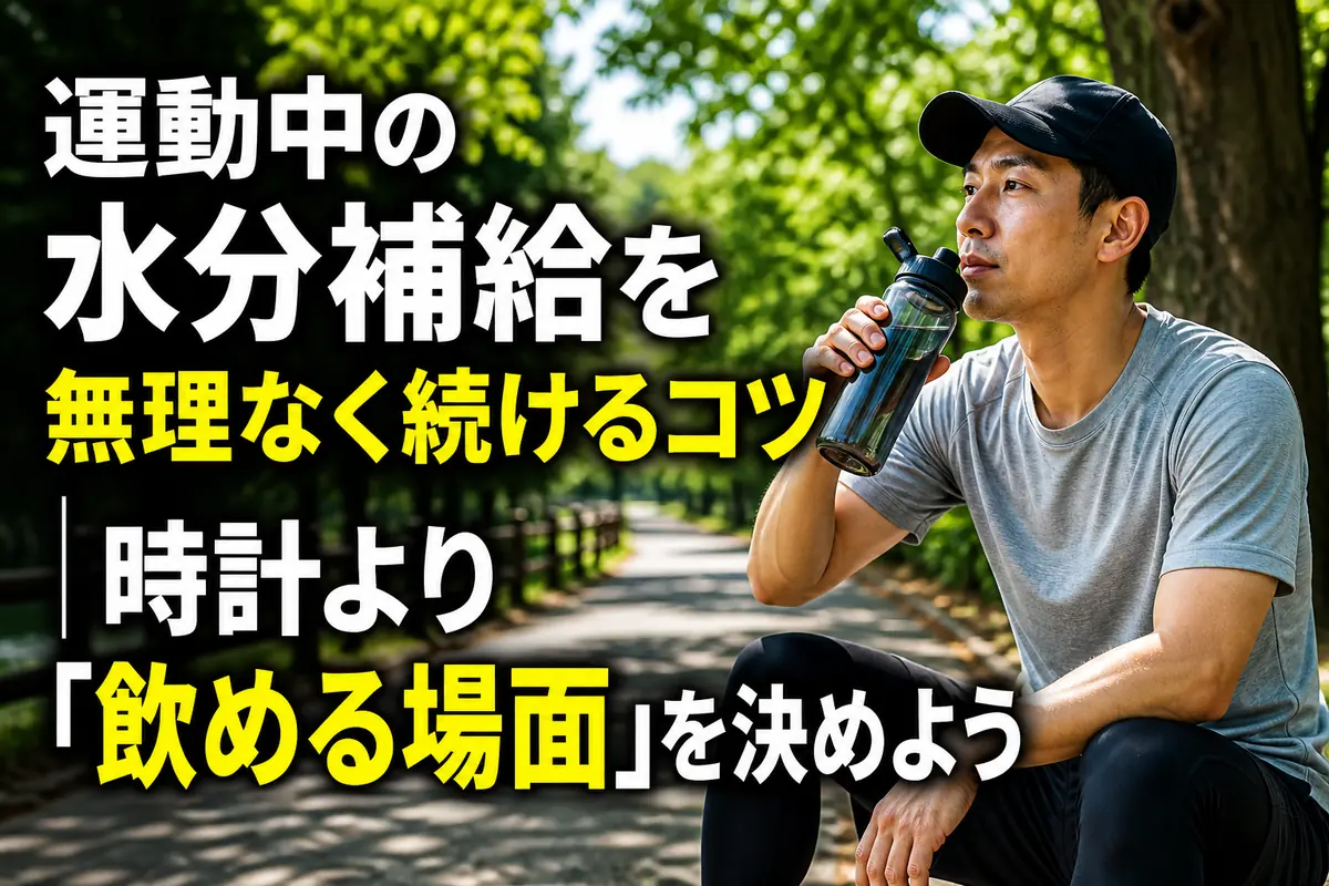 公園で運動の合間にボトルから水分補給する人。