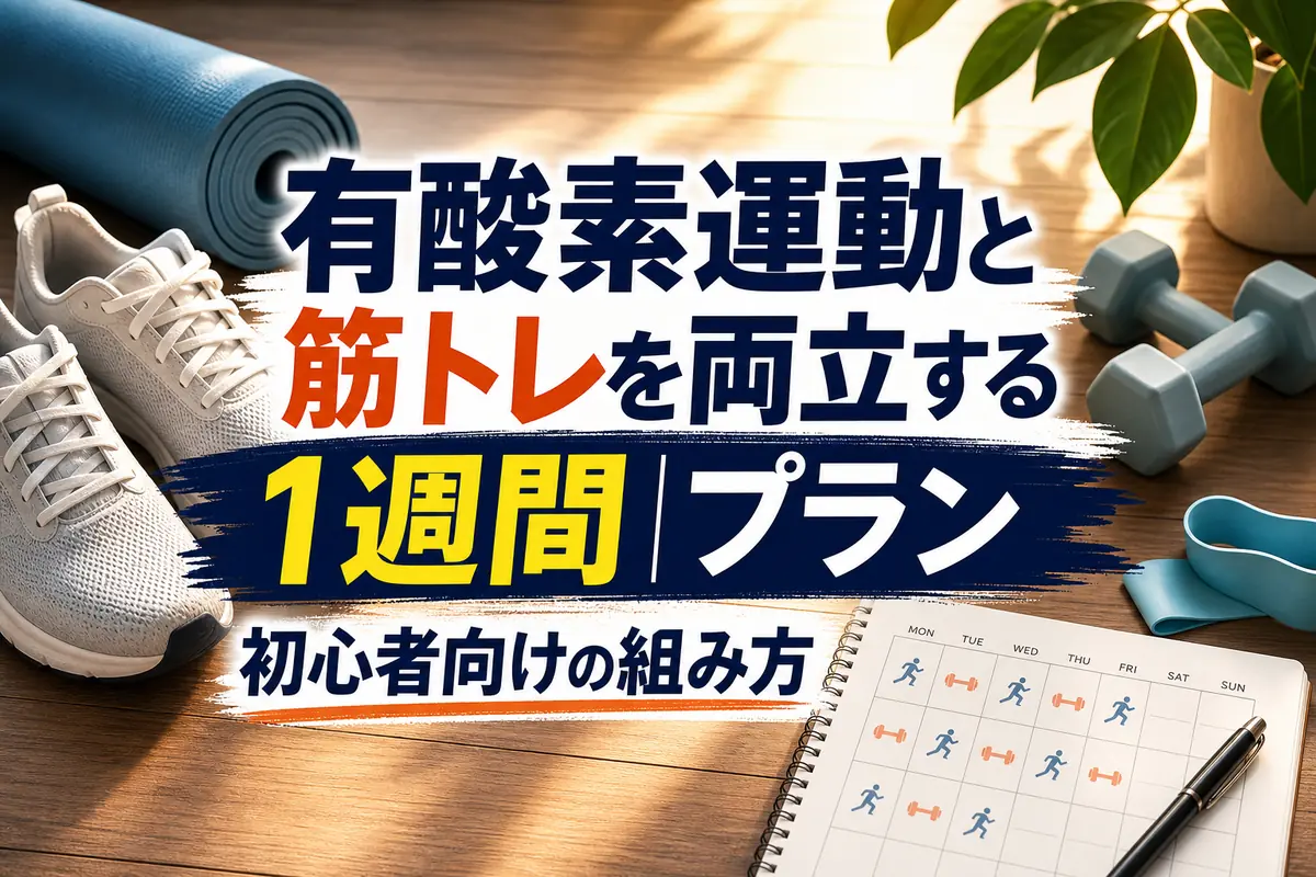 運動靴やダンベルと週間予定表を並べた運動計画のイメージ。