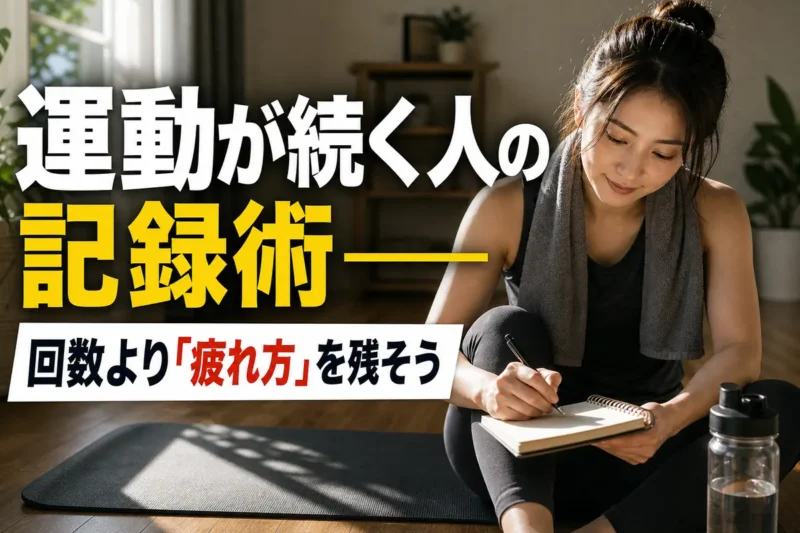 運動後にノートへ疲れ方を記録する人。