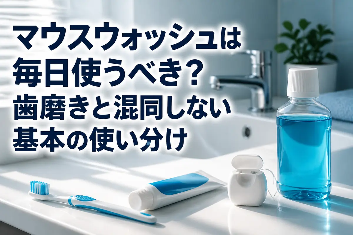 洗面台に歯ブラシ、歯磨剤、フロス、マウスウォッシュが並んでいる。