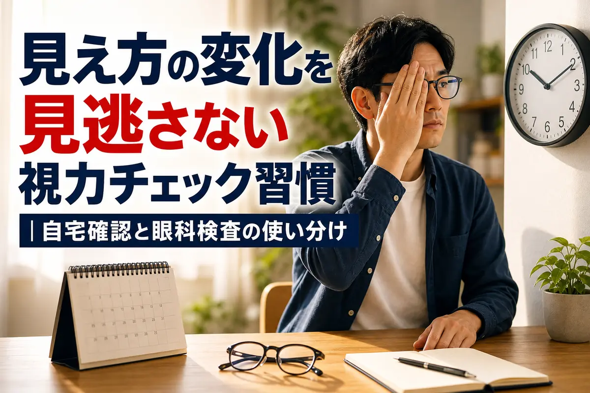 片目ずつ見え方を確認し、結果を手帳に記録する様子。