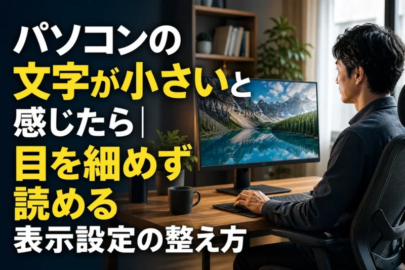 見やすい表示に調整したパソコンを自然な姿勢で使う様子。