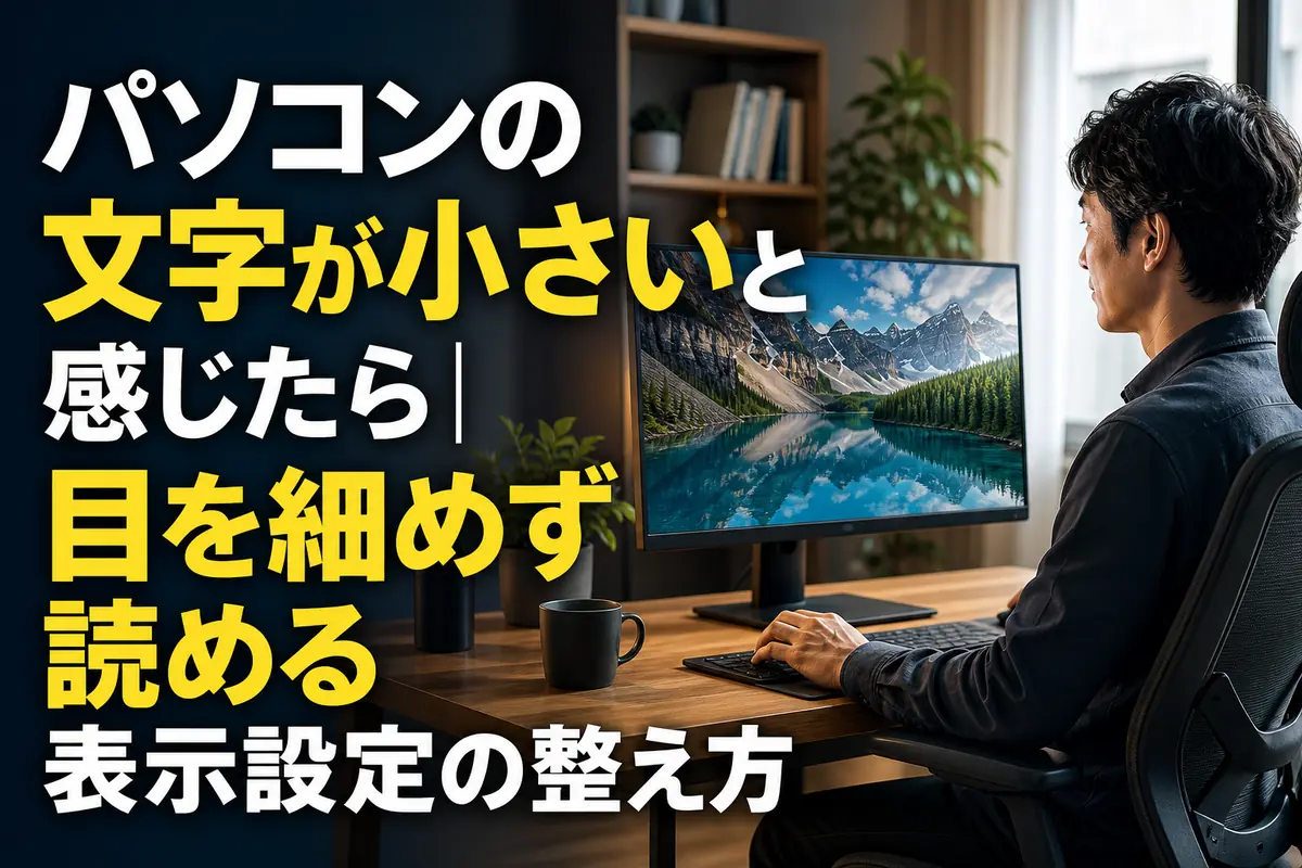 見やすい表示に調整したパソコンを自然な姿勢で使う様子。