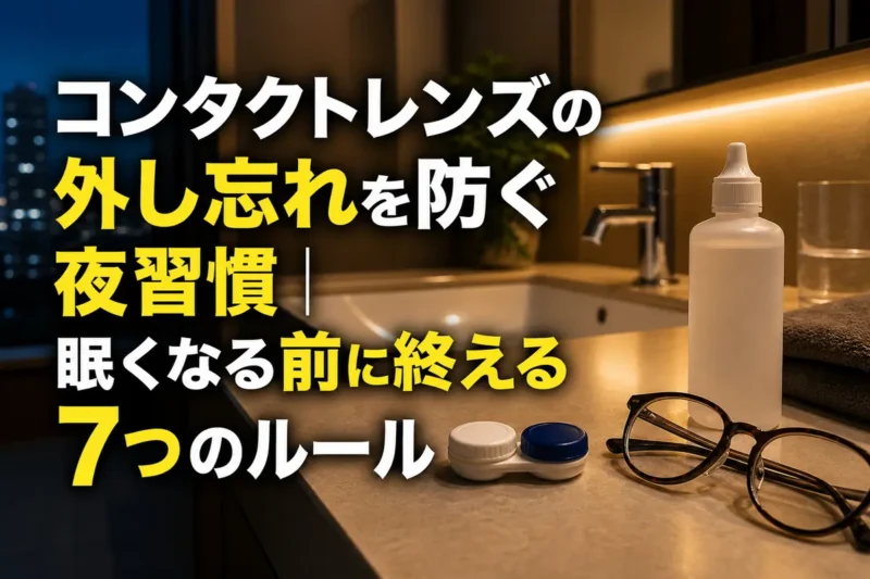 洗面台にコンタクトレンズ用品と眼鏡を整えて置いた夜の様子。