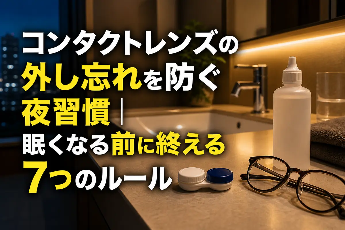 洗面台にコンタクトレンズ用品と眼鏡を整えて置いた夜の様子。