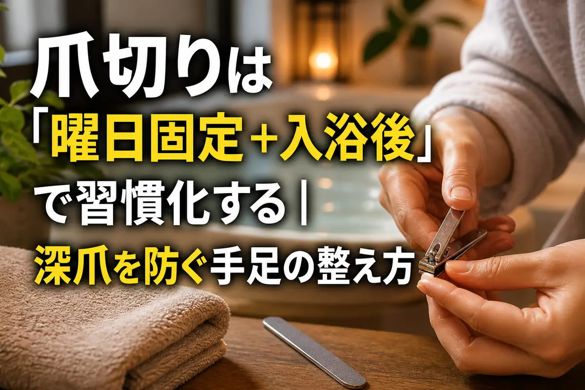 入浴後に清潔な道具で手の爪を整える様子。